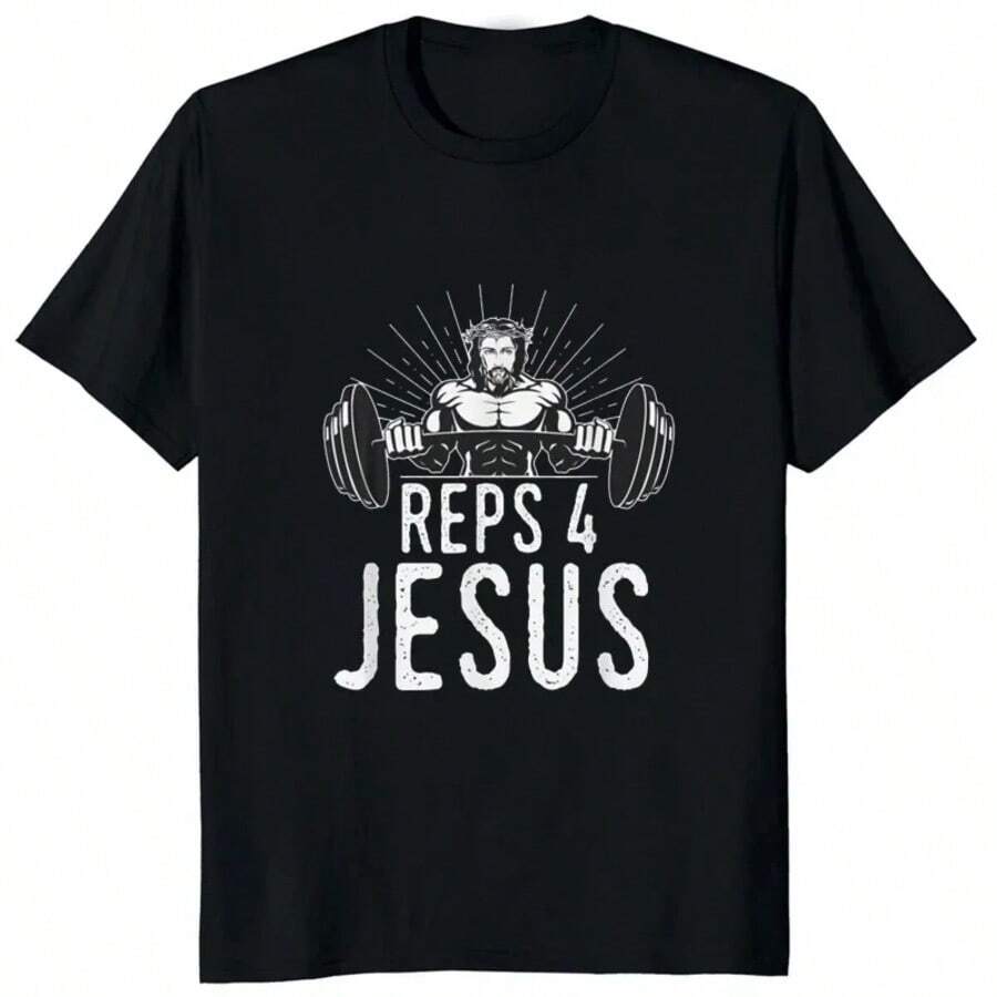 Camiseta de Hombre de Manga Corta Suelta Casual Moda Respirable Divertida Reps 4 Jesús Gimnasio Levantamiento de Pesas Camiseta Clásica Religión Cómics - Negro - Ver 1
