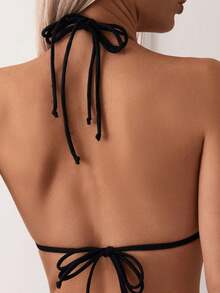 Summer Women's Black Halter Sets Sexy Tie Back Bikini Top - Black - View 5