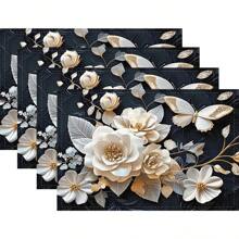 4 pièces Sets de table rectangulaires en lin tissé vintage européen imprimé floral - Sets de table résistants à la chaleur et antidérapants pour la table à manger, la cuisine - Décoration de table à manger, de café