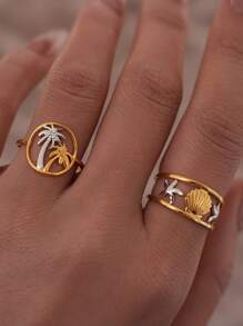 Frminee 1pc/2pcs Summer Retro Shell Starfish Coconut Tree 18k Gold Stainless Steel Ring, Suitable For Daily Vacation Party Wear, Spring And Summer Beach Wear, Waterproof - Multicolor - View 7