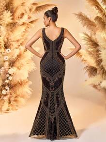 美人鱼下摆图案串珠 & 繁重工作 & 对称设计舞会礼服优雅正式晚间婚礼宾客礼服，适合毕业典礼、晚宴派对礼服 - 黑色 - 查看 2