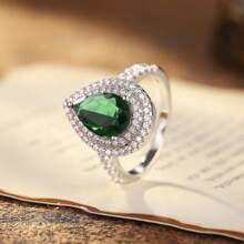 1 件 S925 纯银水滴形合成绿宝石女士戒指，适合母亲节、情人节、生日、周年纪念、婚礼、派对、送礼、日常佩戴，附赠精美礼品盒，银重 8 克