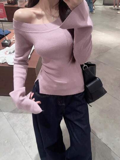 初秋美式复古风不对称领口罗纹拼布女式针织毛衣上衣