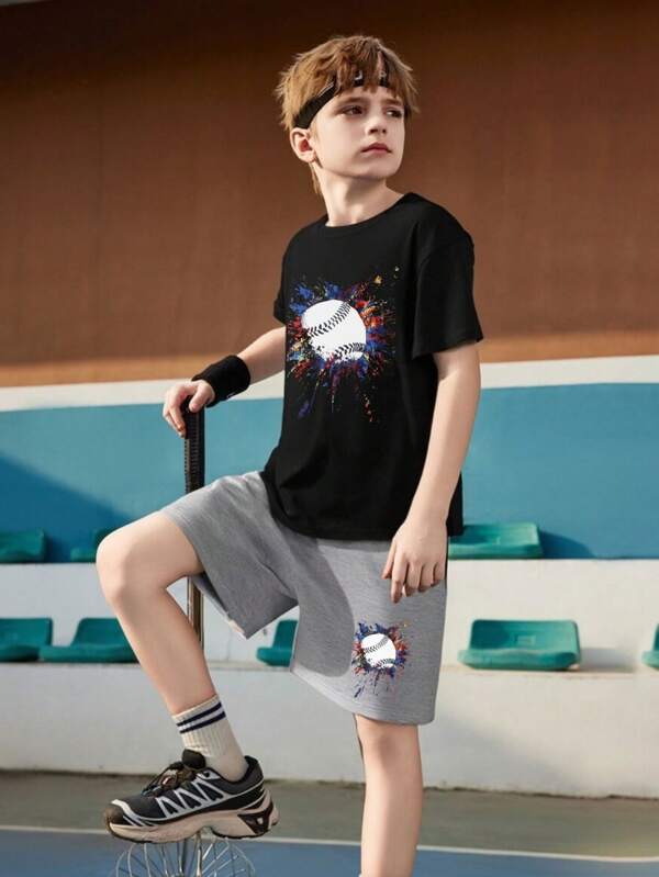 Zweiteiler für Tween Jungen mit buntem ball-förmigem Muster, 2 Stücke Shorts Set mit Kurzarm, Straßen-Lässig Sportbekleidung, für Frühling und Sommer, sehr geeignet für Outdoor-Aktivitäten