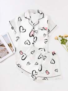 2pcs Women Heart Print Pajama Set, Heart Pattern Soft Satin Short Sleeve Top And Shorts Loungewear Suit For Home/Casual/Outdoor Fashionable Wear, Two Pieces Set - White - View 9
