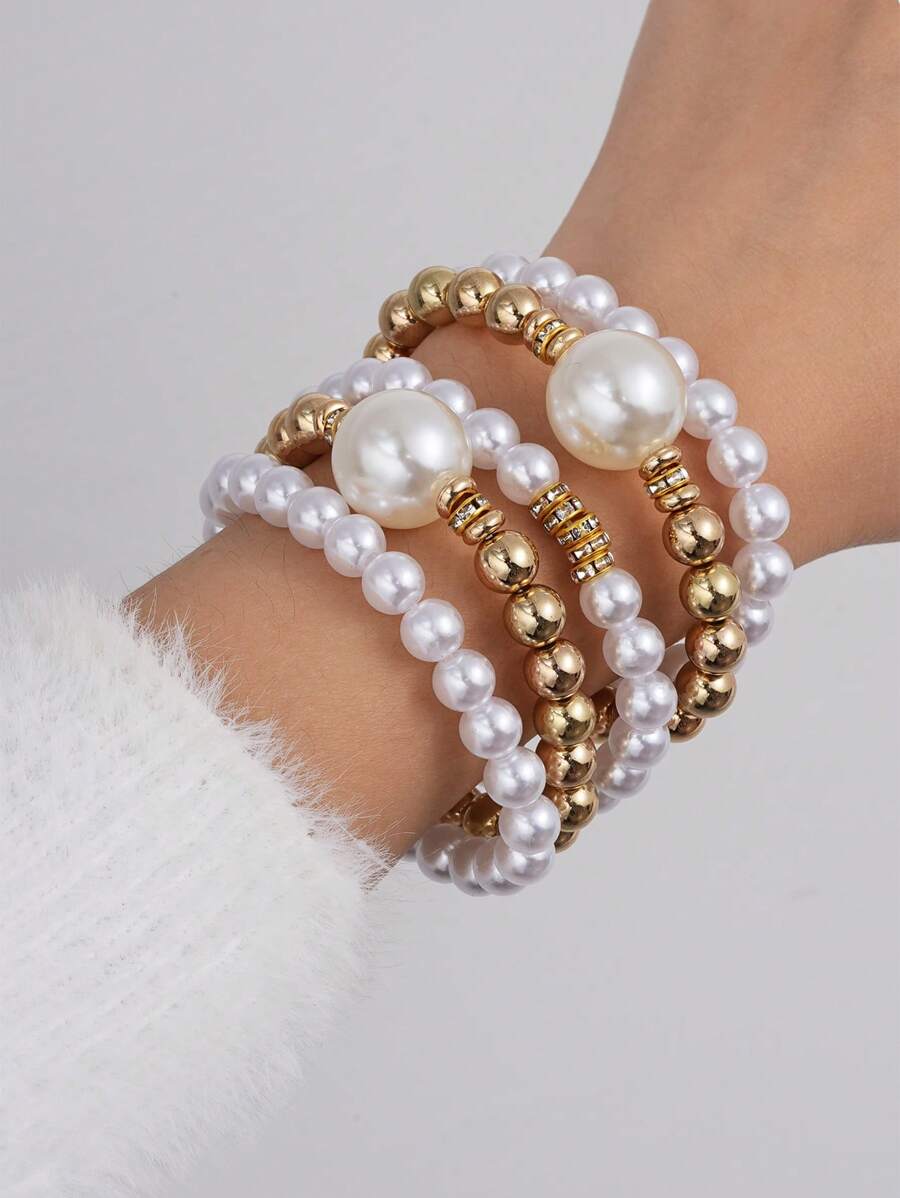 5 件套女士仿珍珠串珠手链套装，适合日常、节日、聚会 - 銀色 - 查看 1