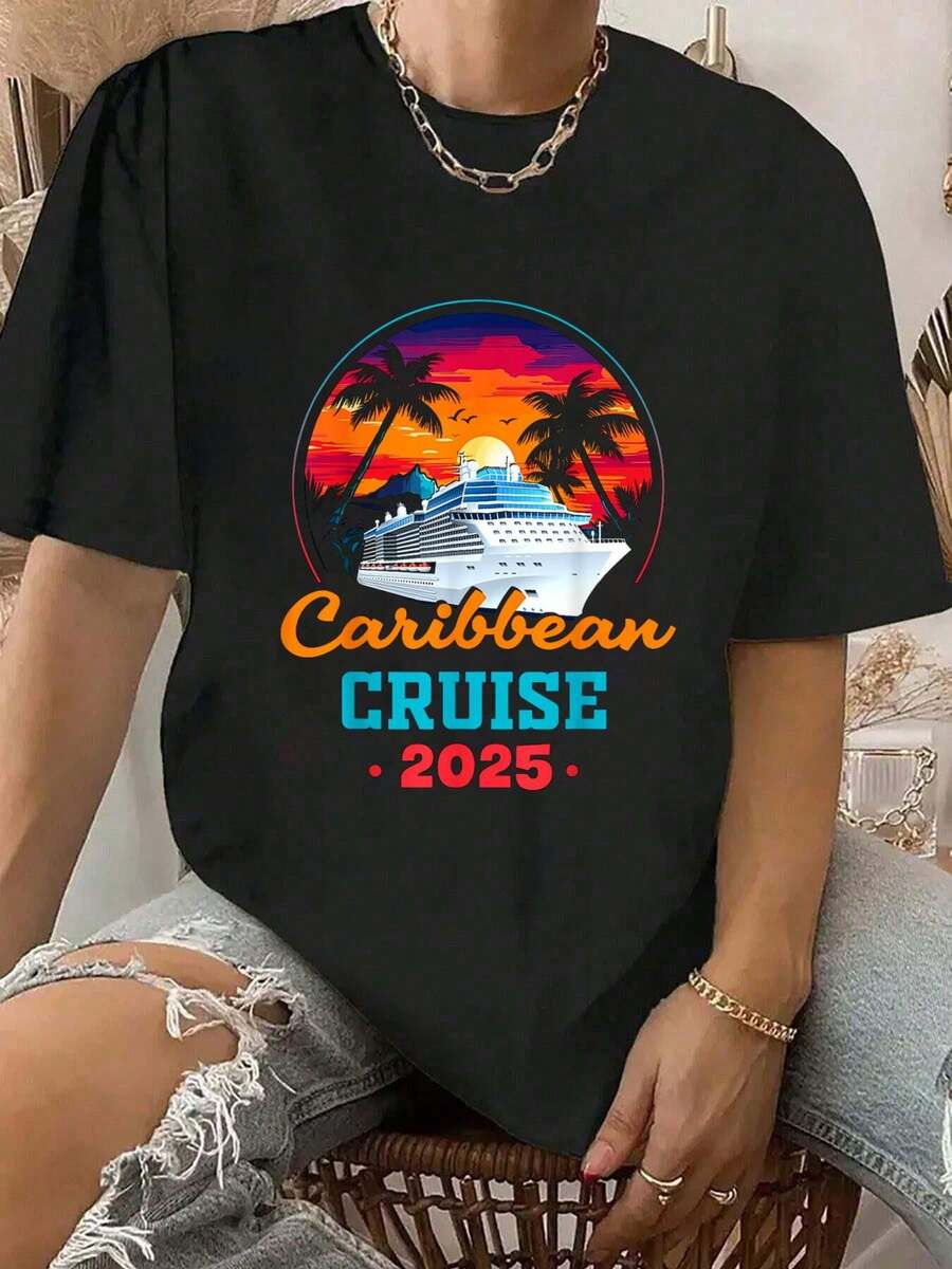 Camiseta de 100% algodón Camiseta de crucero 2025 Recuerdos del Caribe Familia Amigos Grupo Camiseta estampada de cuello redondo Camiseta casual de ropa de mujer - Negro - Ver 1
