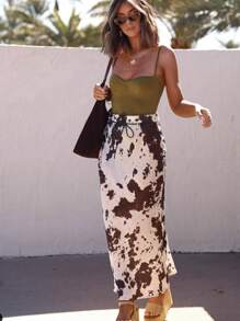 女装春季新品：动物图案印花通勤真丝缎质感竖款高腰半身裙 - 米色 - 查看 10