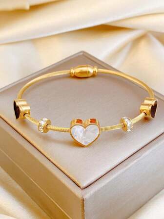1 件时尚优雅心形和蝴蝶贝壳镶嵌水晶女士手镯，18K 镀金不锈钢螺旋手链，适合女性日常和节日