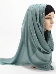 1件女士仿珍珠和水钻装饰雪纺头巾，可搭配长袍或连衣裙 - 彩色 - 查看 2