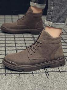 Hombres De Moda De Color Sólido Punta Redonda Con Cordones Botas De Tacón Grueso, Cómodo Antideslizante Botas De Los Hombres De Tobillo, Botas De Trabajo Multifuncional, Adecuado Para Caminar Al Aire Libre, Entrenamiento De Trabajo