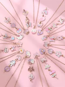 4 件儿童卡通蝴蝶、彩虹和皇冠锌合金 DIY 吊坠项链
