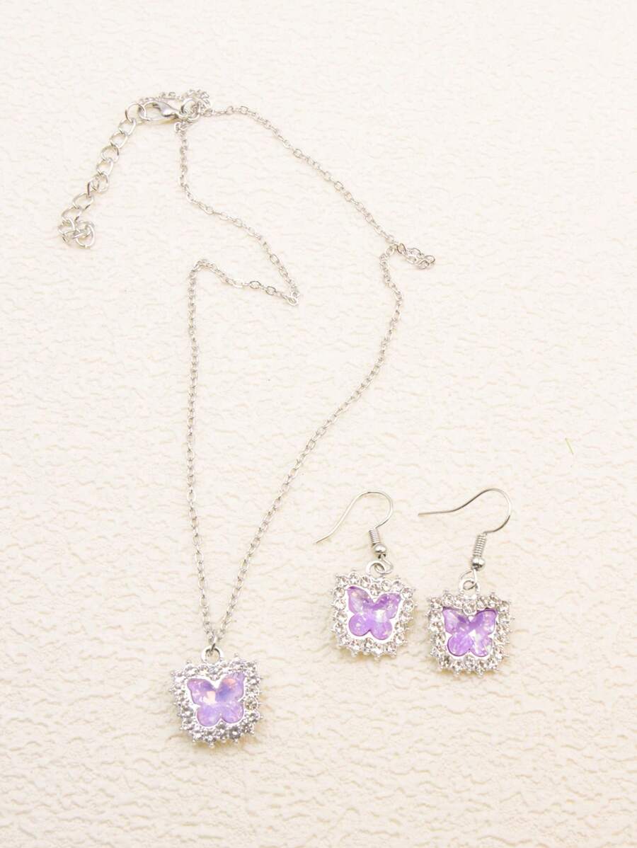 3 件套时尚水钻水晶蝴蝶吊坠项链和耳环首饰套装，百搭水晶蝴蝶配饰，适合日常佩戴，可作为节日礼物，新品 - 均碼 - 查看 1