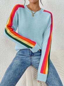 Women's Colorful Rainbow Striped Casual Crew Neck Long Sleeve Sweater, Autumn/Winter - Baby Blue - View 3