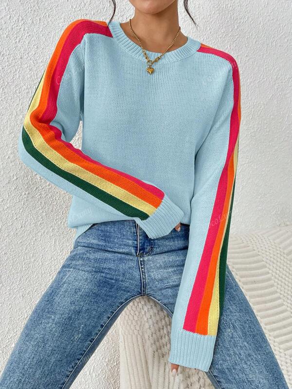 Women's Colorful Rainbow Striped Casual Crewneck Sweater Long-SleeveTops,Autumn And Winter