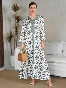 2025 New Arrival Green Print Arabic Style Dress For Women,Modest - Green - View 1