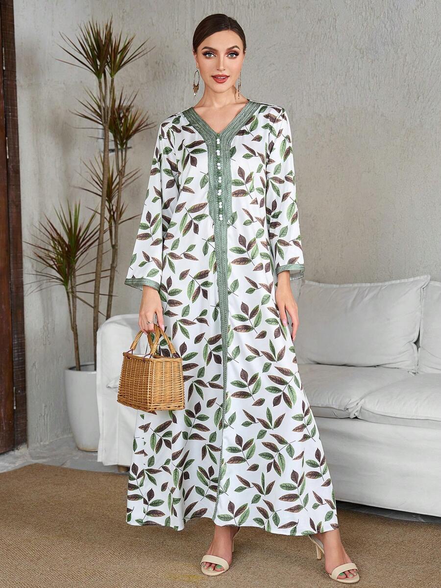 2025 New Arrival Green Print Arabic Style Dress For Women,Modest - Green - View 1