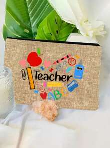 Bolsa de maquillaje con estampado de "Maestro" como regalo de aprecio al maestro, monedero de lino caqui, bolsa de cosméticos con forro y sin cierre - perfecto para educadores y personal escolar, regalo de agradecimiento al maestro, accesorios casuales y elegantes para salidas, vacaciones, viajes diarios, bolsa de cosméticos, regalo de cumpleaños para mamá, amiga