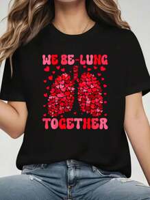 We Be-Lung Together Respiratory Therapist Valentine Nurse Print T-Shirt  Casual Crew Neck Short Sleeve Comfort Tee Top For Spring & Summer  Women's Clothing