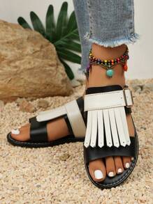 Giày Sandal Đế Bằng Có Trang Trí Tua Rua Cho Nữ, Giày Đi Biển Thường Ngày, Nhiều Màu Sắc - Đen và trắng - Xem 2