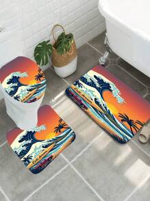 1 conjunto, patrón de ola, paisaje de puesta de sol, coche, tabla de surf, juego de 3 piezas de alfombra de baño de elementos diarios, alfombra de baño absorbente y lavable, alfombra de baño antideslizante, tapa de inodoro, alfombra de baño gruesa y suave, ducha, cocina, lavandería, baño, sala de estar, dormitorio, alfombra de interior, accesorio de decoración del hogar