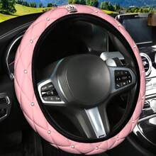 1pc Bling Rhinestone PU Leather Soft & Comfortable Car Steering Wheel Cover, No Inner Lining