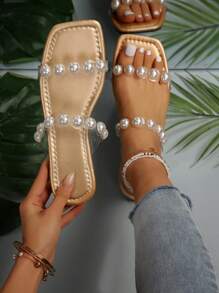 Latest Spring/Summer Women's Plus Size Casual Flat Slippers, Pearls & Transparent Crystal TPU, Comfortable Beach Style Sandals, Lightweight Versatile - Champagne - View 2
