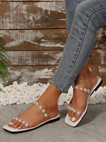 Latest Spring/Summer Women Plus Size Casual Flat Slippers, Pearl Transparent Crystal TPU, Comfortable Holiday Casual Sandals, Multi-Functional Lightweight - White - View 6