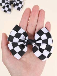 2 件装女童格纹发饰黑白罗缎蝴蝶结鳄鱼夹可爱格子发夹女童小辫蝴蝶结发夹儿童发饰 - 黑與白 - 查看 3