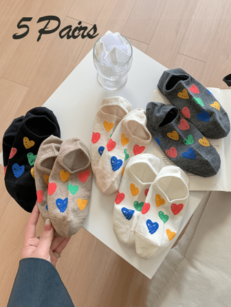 5双夏季女士薄款船袜彩色涂鸦爱心硅胶不脱毛休闲袜个性隐形袜子