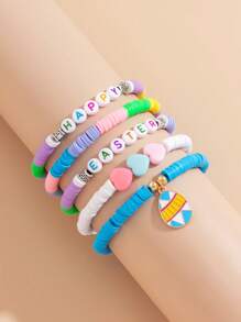 5pcs Fashionable Easter Elements Rabbit & Egg Pendant Bracelets Set, Stackable Colorful Beaded Resin Letter Charm Bracelet, Women Daily Accessory And Holiday Gift Jewelry