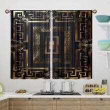 2Pcs Black & Gold Square Classic Pattern Digital Print Semi-Sheer Curtains, Rod Pocket Style, Polyester Material, Suitable For Living Room, Bedroom, Study, Office, Home Decor