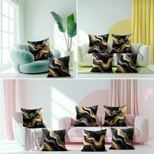 4 stuks zwart & goud vloeibare folie marmer textuur illustratie 4 stuks set, enkelzijdig bedrukt kussensloop & bankhoes - perzik fluwelen kussensloop 45*45cm