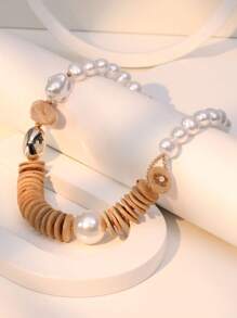 1pc Natural Wood & Coconut Shell Beaded Necklace, Casual Fashion Accessory For Women, Suitable For Beach, Daily Wear - Coffee - View 7