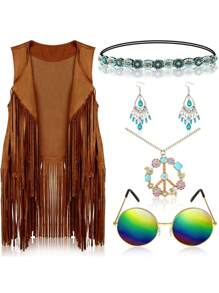 60、70年代嬉皮士风格女士服装套装，包括流苏背心、太阳镜、项链、耳环和发带。套装包含眼镜、发带、和平标志项链和耳环，适合圣诞派对装扮。 - 彩色 - 查看 11