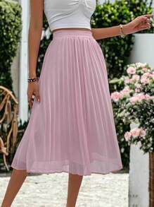 SANOPY Women's Skirts,Skirts For Women,Elegant Pleated Midi Skirt, Solid Color Elastic Wiast A-Line Skirt - 粉色 - 查看 1
