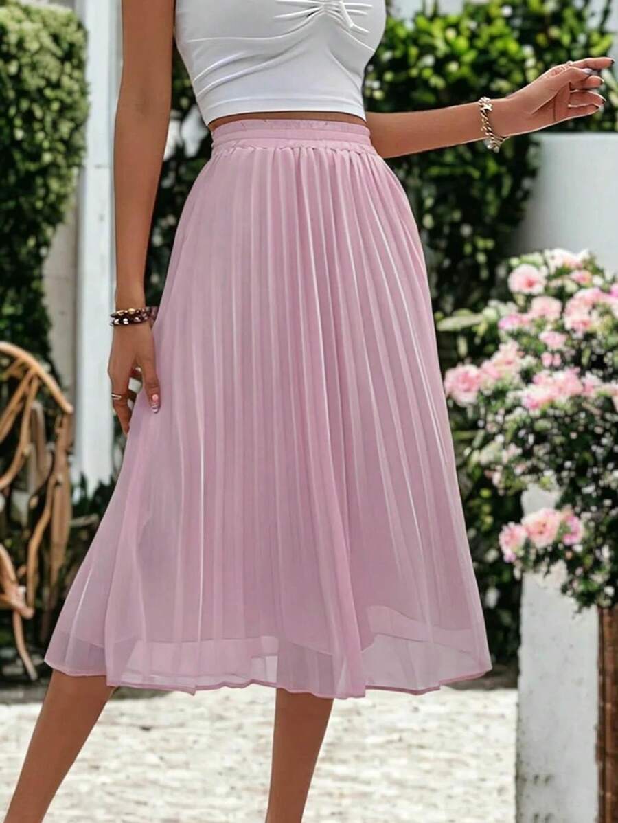 SANOPY Women's Skirts,Skirts For Women,Elegant Pleated Midi Skirt, Solid Color Elastic Wiast A-Line Skirt - 粉色 - 查看 1