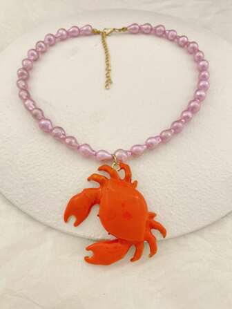 1 件复古 Y2K 巴洛克珍珠项链，金属螃蟹和树脂鱼吊坠，适合海滩度假、海边、日常穿着、派对、服装配饰