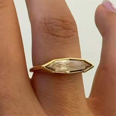 VKHK 1pc Elegant 18K Gold Plated Stainless Steel Slender Zirconia Decorated Single Ring, Suitable For Women's Daily Wear And Wedding, Gift