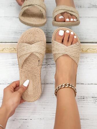 Damer Casual Beige Straw Woven Flat Sandaler, sommar andas strandskor