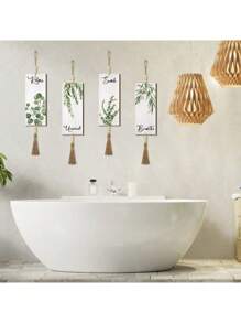 Set Of 4 Spring Summer Bathroom Wall Decor – Wooden Hanging Signs With Inspirational Quotes, Relax, Unwind, Soak, Breathe, Boho Floral Greenery Design, Natural Wood Wall Art With Tassels, Home Bathroom Decoration Room Decors Garden Decor Wedding Decor Home Decors