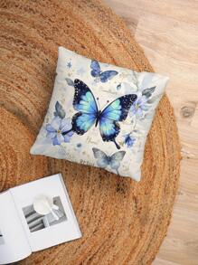 装饰花卉和蝴蝶设计枕套，无插入物，方形天鹅绒印花垫套适用于客厅、卧室、家居装饰、沙发、汽车、所有季节