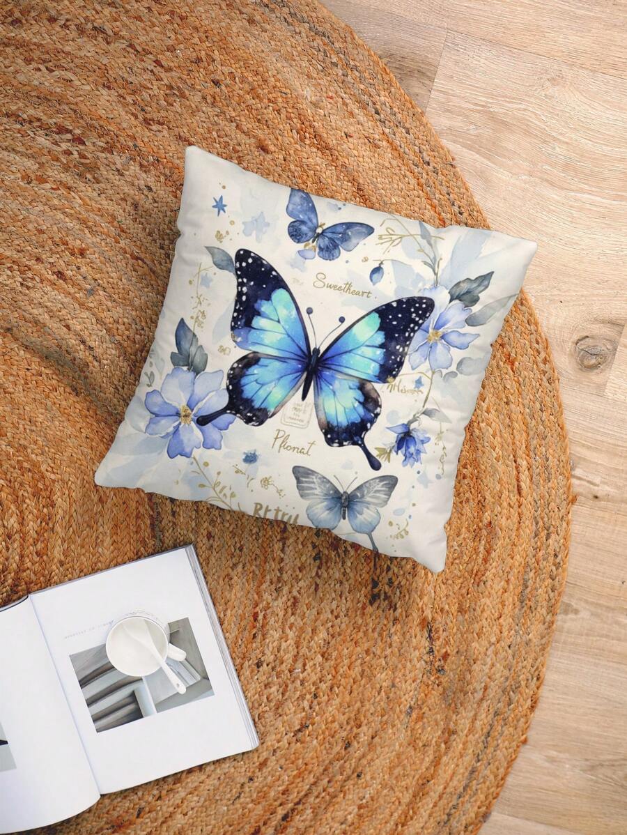 装饰花卉和蝴蝶设计枕套，无插入物，方形天鹅绒印花垫套适用于客厅、卧室、家居装饰、沙发、汽车、所有季节