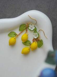2 Pcs Original Summer Style Sweet Resin Yellow Green Lemons Flowers Dangle Earrings For Women Daily Wear