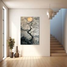 Chinese Ink Painting Of A Tree With Moon And Mountains. Large Wooden Framed Wall Painting Artist Home Decoration Oil Painting - Bedroom, Bathroom, Living Room, Office, Kitchen, Christmas Gifts - 1 Piece