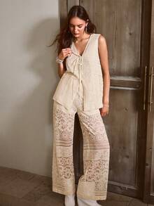 2 件套女士夏季无袖 V 领系带上衣和长裤套装，适合假期、音乐节、西方风格 - 杏色 - 查看 4