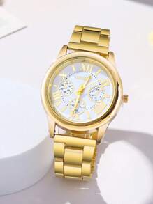 6pcs Fashionable And Versatile Women's Quartz Watch, Round Roman Dial Surface, Gold Steel Strip, Paired With Heart-Shaped Diamond Bracelet, Necklace, Earrings, Ring Jewelry Combination Set, Suitable For Daily And Holiday Wear, Gift Giving