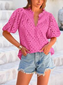 Women's Casual Summer V Neck Puff Short Sleeve Hollow Out Eyelet Embroidery Button Spring Fashion Beach Vacation Holiday Dressy Boho Shirt Blouse Top Outfits - hoa hồng màu hồng - Xem 1