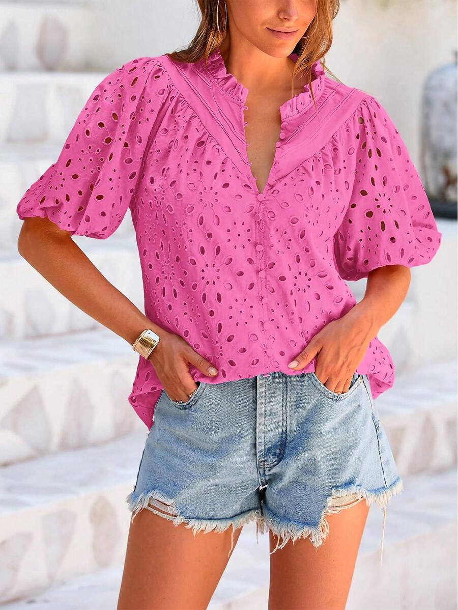 Women's Casual Summer V Neck Puff Short Sleeve Hollow Out Eyelet Embroidery Button Spring Fashion Beach Vacation Holiday Dressy Boho Shirt Blouse Top Outfits - hoa hồng màu hồng - Xem 1