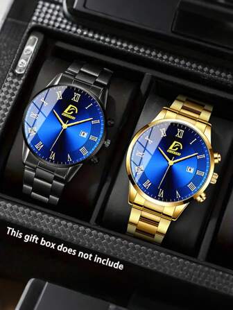 Men's Watches Set 2pcs Fashion Business Stainless Steel Quartz Wrist Watch Male Casual Date Clock